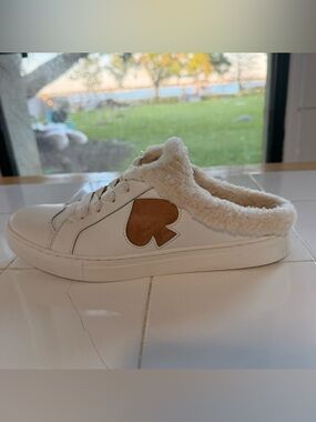 Kate Spade White Slip-On Sneaker Mule w/ Shearling Lining and Brown Heart Accent